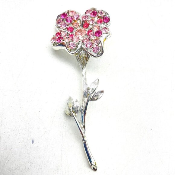 CORO Pink Rhinestone Flower Pin Blooming Silver Tone Nature Garden Trees Floral - Picture 1 of 6
